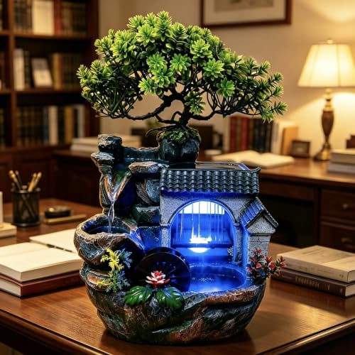 11in Desk Decor Rock Tabletop Water Fountain Indoor Waterfall Gift | Desktop Decoration Feature Humidifier with Pump a& LED Light, Home Office Bedroom Relaxing (No Atomizer)