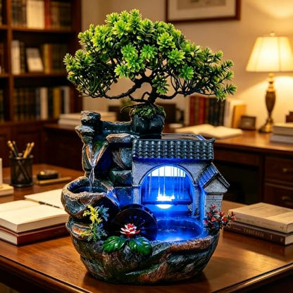 11in Desk Decor Rock Tabletop Water Fountain Indoor Waterfall Gift | Desktop Decoration Feature Humidifier with Pump a& LED Light, Home Office Bedroom Relaxing (No Atomizer)