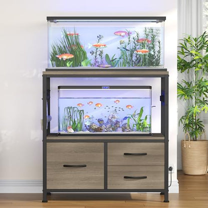 Heybly 20-29 Gal Fish Tank Stand with Drawer, Power Outlet,330lbs HAS001SG | Aquarium Stand,Heavy Duty Metal Frame for Fish Tank, Turtle & Reptile Terrarium, 31.5" x 15.7" Top, Rustic Gray - color: Greige, size: 20-29 gal