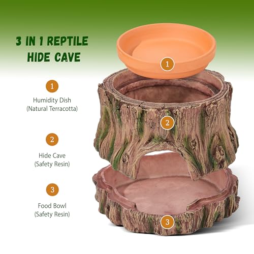 3 in 1 Leopard Gecko Humid Hide,Small Reptile Hide Cave | Humid Hideout with Detachable Base and Humidity Dish,Terrarium Tank Accessories Decor,for Lizard, Crested Gecko, Snake, Crabs