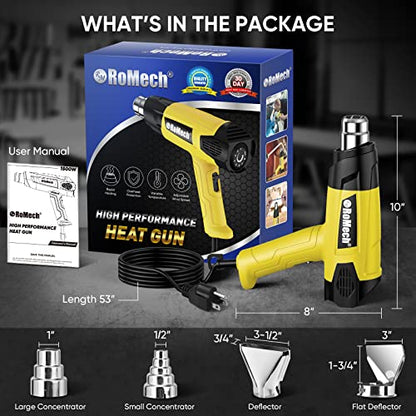 1500W Heavy Duty Heat Gun, Variable Temperature Control Hot Air Gun Kit with 2 Air Flow 120°F~1200°F and 4 Nozzles for Crafts Shrink Wrap (Yellow) - color: Yellow