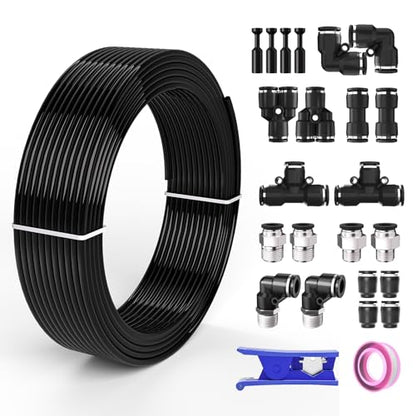 5/16 OD Inch 8mm Air Line Hose Tubing Kit Poly Airline Black | Polyurethane Compressed Pneumatic Compressor Repair Kit With Push To Connect Fittings - color: Black, size: 5/16" OD
