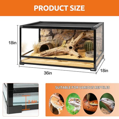 50 Gallon Tempered Glass Reptile Tank, 36" x 18" x 18" Reptile Terrarium,Reptile Enclosure with Front Opening Sliding Double Doors, Top Ventilation, Removable Door Easy to Feed and Clean - size: 36" x 18" x 18"