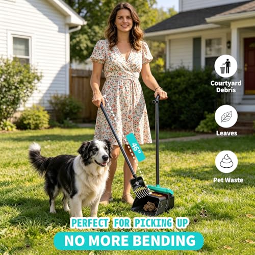 Pooper Scooper, 46" Long Handle Heavy Duty Picker-Upper, Swivel Bin Rake Kit with Bag Attachment, 100 Waste Bags for Small Large Dogs Puppy Poop Trash Litter Cleanup Yard Outdoor Pet Essentials - color: Gray & Turquoise Blue