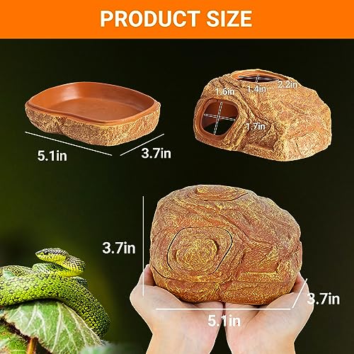 REPTI ZOO Gecko Hide Cave, 2 in 1 Snake Reptile Hideout for Hide & Rest & Breed & Feeding, Reptile & Amphibian Habitat Decor for Corn Snake, Small Snake, Ball Python, Crested Gecko, Leopard Gecko