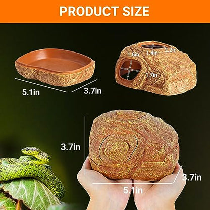 REPTI ZOO Gecko Hide Cave, 2 in 1 Snake Reptile Hideout for Hide & Rest & Breed & Feeding, Reptile & Amphibian Habitat Decor for Corn Snake, Small Snake, Ball Python, Crested Gecko, Leopard Gecko