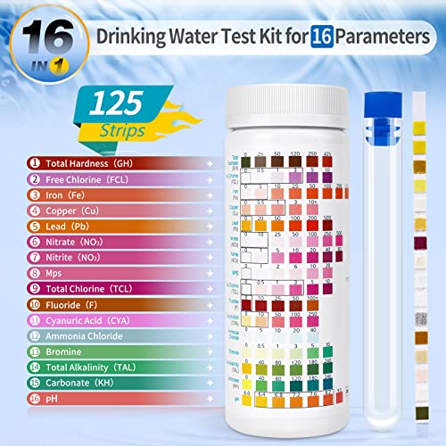 16 in 1 Water Test Kit with 125 Test Strips for Home Water Quality Testing | Drinking Water Test Strips, Well and Tap Test Kit for pH, Hardness, Chlorine, Lead, Iron, Copper, Nitrate, Nitrite, etc - size: 16 IN 1