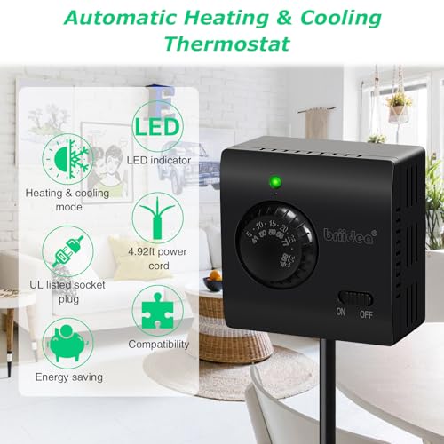 Adjustable Thermostat, Briidea Plug in Heating & Cooling Thermostat with LED Indicator, Compatible with Space Heater, Window Air Conditioners, Fans, Ideal for Household, Reptile, Greenhouse, Black - color: Black