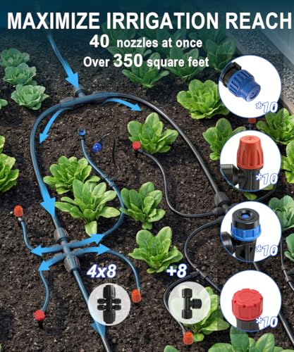 40FT Main tube1/2 Drip Irrigation System Kit with 40 Adjustable Nozzles | All Quick-connect, PE UV-Resistant 2X Lifespan of PVC, Easy Connect, 40FT 1/2" Main tube+ 197FT 1/4" Tube, 4 Nozzle Types - size: 40 Nozzles+ 40FT+197FT All Quick-connect