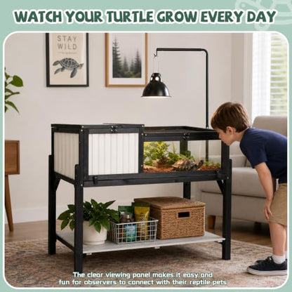 Large Tortoise Habitat with Adjustable Lamp Stand, Wooden & Plastic Turtle Enclosure with Viewing Window, Pull-Out Tray, Storage Shelf, 2-Room Indoor Outdoor Reptile House for Tortoises & Small Pets - size: 40.3"L x 22.8"W x 34.2"H