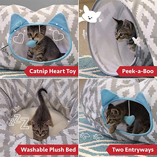 Kitty City Large Cat Tunnel Bed, 2-in-1 Zip-Together Cat Play Tunnel & Plush Nap Bed, Pop-Up Indoor Cat Toy with Hanging Toys, Collapsible Design - White - color: White