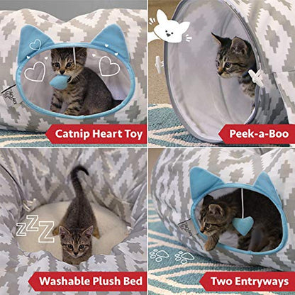 Kitty City Large Cat Tunnel Bed, 2-in-1 Zip-Together Cat Play Tunnel & Plush Nap Bed, Pop-Up Indoor Cat Toy with Hanging Toys, Collapsible Design - White - color: White