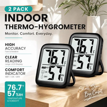 2 Pack Room Thermometer Indoor Hygrometer | Monitor Temperature & Humidity, Accurate, Fast Read, Easy To View, Magnetic/Kickstand/Hanging, ℉/℃, w/ Battery, Compact - color: 2 Pcs * Classic Black ( 97%+ Choice )