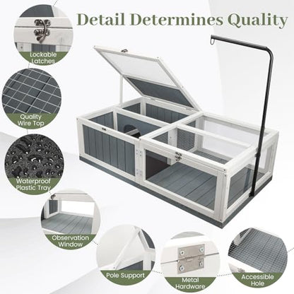 43in Tortoise Habitat for Indoor & Outdoor, Large Wooden Wooden Tortoise House with Adjustable Lamp Stand and Waterproof Tray, Turtle Habitat Reptile Cage, Tortoises Enclosure for Small Animals