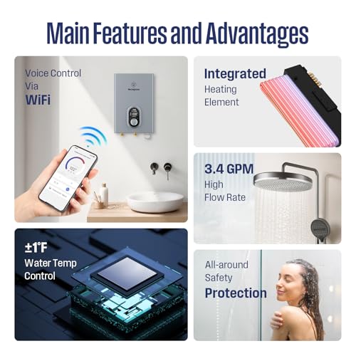 Westinghouse 14kW 240V Tankless Water Heater Electric, Compatible with Alexa & Google Home, ETL Certified, IPX4, Gray, Upgrade - color: Star Gray