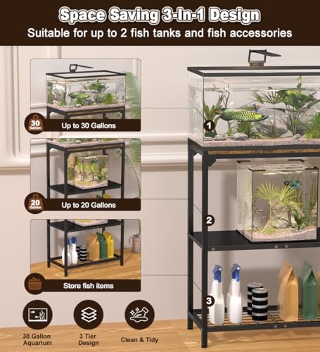 20-30 Gallon Aquarium Stand with 3-Tier Adjustable Storage Shelf | Heavy Duty Fish Tank Stand, Reptile Breeder Turtle Tank Terrarium Rack Table for Home Office, 31" L x 13" W x 32.2" H, Black