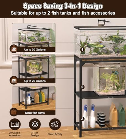 20-30 Gallon Aquarium Stand with 3-Tier Adjustable Storage Shelf | Heavy Duty Fish Tank Stand, Reptile Breeder Turtle Tank Terrarium Rack Table for Home Office, 31" L x 13" W x 32.2" H, Black