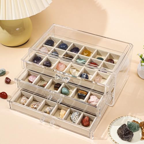 CLUQMEIK Acrylic Rock Collection Display Case with 54 Grids Storage Compartments Rock Collection Boxes Display Organizer Collection Storage Display Cases for Collectibles Crystal /Rock（Beige） - size: Beige