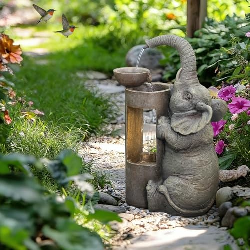 Tankana Elephant Waterfall Fountain for Indoor Desktop & Outdoor Use Small Garden Water Feature with LED Light Quiet Mini Cute Table Water Fountains for Patio, Yard, Home Decor - color: Gray, size: 18 inches