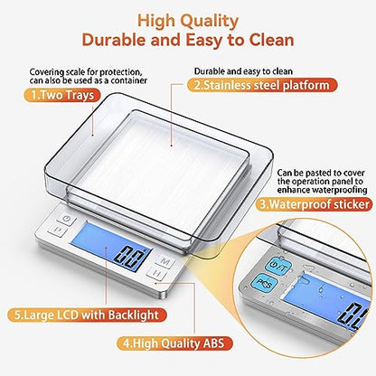 BOMATA Upgraded Small Food Scale with 0.1 g/0.001 oz High Precision | 3000 g/6.6 lb, New Hold Function, Larger Display, USB Rechargeable, Digital Kitchen Scale for Small Item, Jewelry. Sliver - size: 0.1g/3kg Silver