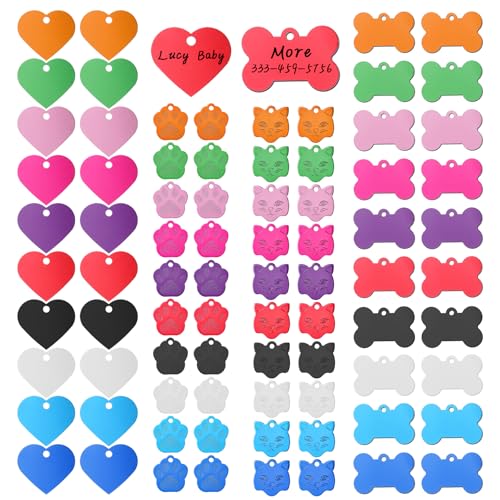 80 Pieces Pet ID Tag Colorful Blank Personalized Dog Tags Aluminum Pet Name Tags with Bone Paw Heart Cat Head Shape Animals Name Phone Number ID Craft with Holes for Dogs Cats