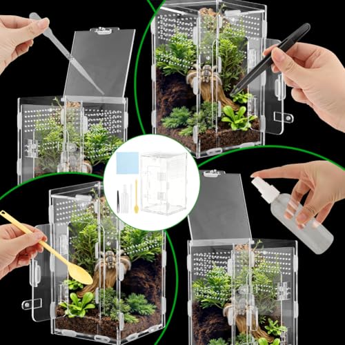 Acrylic Spider Enclosure, Jumping Spider Terrarium 4.7x4.7x7.9in | Dual access doors and micro-vent holes for feeding, misting, cleaning, and airflow