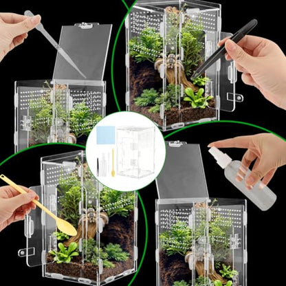 Acrylic Spider Enclosure, Jumping Spider Terrarium 4.7x4.7x7.9in | Dual access doors and micro-vent holes for feeding, misting, cleaning, and airflow