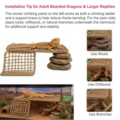 Bearded Dragon Hammock with Built-in Steel Frame, Easy One-Side Mount Reptile Hammock, Flat-Stable Seagrass Lizard Bed & Climbing Ladder for Bearded Dragon Tank (Rectangular Hammock)