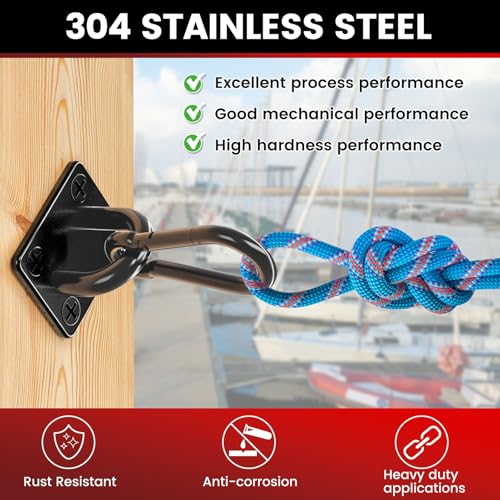 304 Stainless Steel Pad Eye Snap Hook, M5 Ceiling Hook 500Lb,8Pcs | Hanging Kit with Screws for Hammock Chair Swing, Yoga Gym Equipment, Sun Shade Sail, Plant Hangers & Marine Boat Hardware - size: 2 Inch, style: Black Square