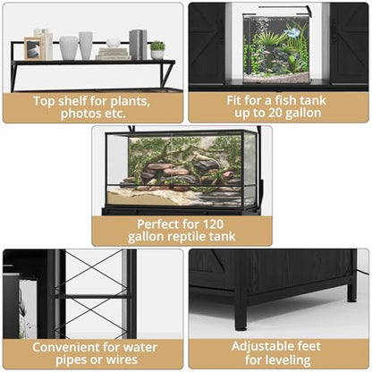 VOWNER 48"x24"Reptile Tank Stand with Power Outlet & Storage Cabinet, Black | Fits up to 120 Gallon Bearded Dragon Tank, Sliding Barn Doors, Heavy Duty Aquarium Stand, Reptile Turtle Terrarium Stand - color: Black