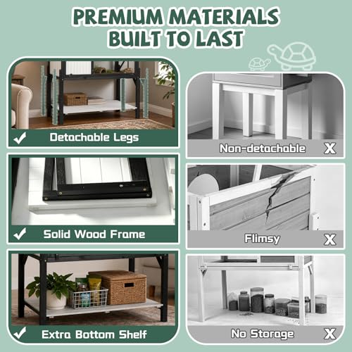 Large Tortoise Habitat with Adjustable Lamp Stand, Wooden & Plastic Turtle Enclosure with Viewing Window, Pull-Out Tray, Storage Shelf, 2-Room Indoor Outdoor Reptile House for Tortoises & Small Pets - size: 40.3"L x 22.8"W x 34.2"H