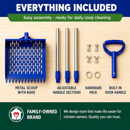 Chicken Poop Scooper with 74" Adjustable Handle – Heavy Duty Metal Chicken Coop Cleaner, 10.2" Wide Sifting Scoop with Built-in Rake & Hook for Sand, Pine Shavings & Manure