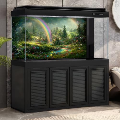 Fantasy Flower Garden Aquarium Background Various Flowers Rainbow Fish Tank Background Misty Foggy Night Sparking Stars Terrarium Backgrounds Stunning Flowers Scene Reptile Tank Backgrounds 24x12in - color: Purple_Green, size: 24(W)x12(H)in