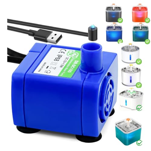 Cat Water Fountain Pump, Pet Water Fountain Pump Compatible Motor, DR-DC160 for Cat Drinking Fountain Cat Water Dispenser Replacement (Pump) | IP68Waterproof, Blue LED light, USB Port, Ultra-Quiet At Under 25 dB, Low Power Consumption Of 1.5 W