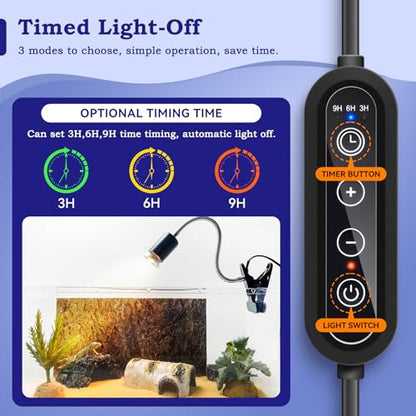 Black 50W UVB/UVA Heat Lamp with Timer for Turtles & Reptiles | 360° adjustable head with heavy-duty metal clamp; heat switch & timer. Provides basking warmth for tortoises & puppies. - color: Black