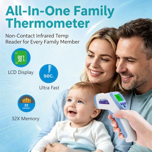 Digital Forehead Thermometer for Kids, Adults, and Babies | Touchless, Non-Contact Temporal Head Function, Smart Color LCD Display - color: BlueWhite