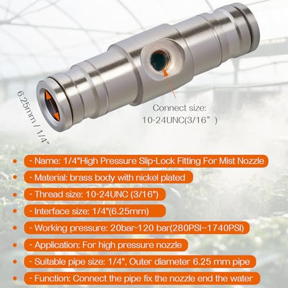 25pcs Nickel Plated Brass Push to Connect Fitting For High Pressure Misting System, Misting Coupling Slip Lock (One Hole), 1/4" Tube OD, Straight Union