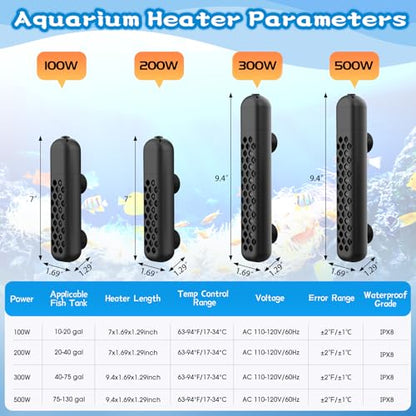 Aquarium Heater, 100W/200W/300W/500W Adjustable Fish Tank Heater with Intelligent Digital LED Controller, Overheating and Out of Water Protection for Freshwater and Saltwater Tanks - size: 100W for 10-20 Gallon