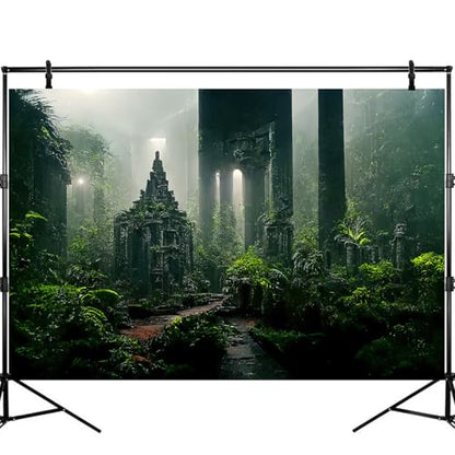 Fantasy Ancient Temple Aquarium Background Jungle Stone Columns Mysterious Foggy Rainforest Green Plants Fish Tank Background Magical Misty Rock Ruins Reptile Tank Enclosure Backgrounds 48x24in - color: Foggy Green, size: 48(W)x24(H)inches/ 120(W)*60cm(H)