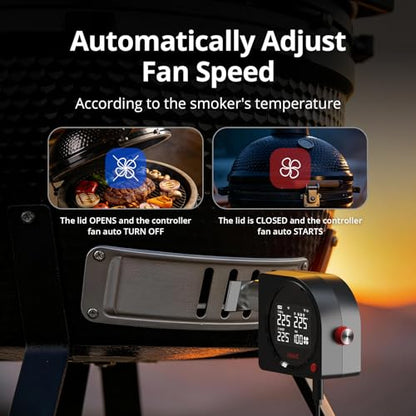 Smoker Temperature Controller for Big Green Egg, 5G WiFi & 164FT Bluetooth Automatic BBQ Fan with LCD Screen, 5 Probes, Overnight Cooking Grill Fan for Kamado, Weber, Ceramic Charcoal Grills