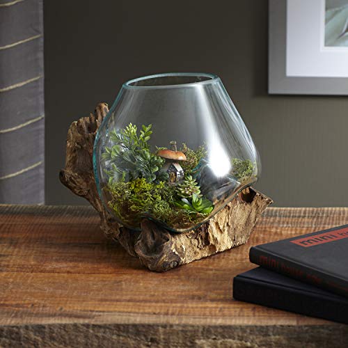 Molten Glass | #650-24 | Molten Glass & Wood Luminary Sculpture | Terrarium | Fairy Garden | Approximately 9.5" Wide | Natural Wood and Recycled Glass | - size: Approximately 9.5" Wide
