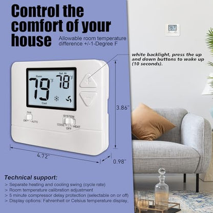 Heagstat H701 Non-Programmable Thermostat for Home up to 1 Heat/1 Cool | Manual Operation Cooling & Heating, White Backlight - color: White Backlight