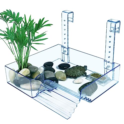 La La Pet Hanging Acrylic Turtle Basking Platform with Guardrail and Ladder - Tortoise Resting Terrace for Turtle Tank - size: Large