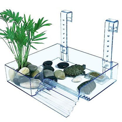 La La Pet Hanging Acrylic Turtle Basking Platform with Guardrail and Ladder - Tortoise Resting Terrace for Turtle Tank - size: Large