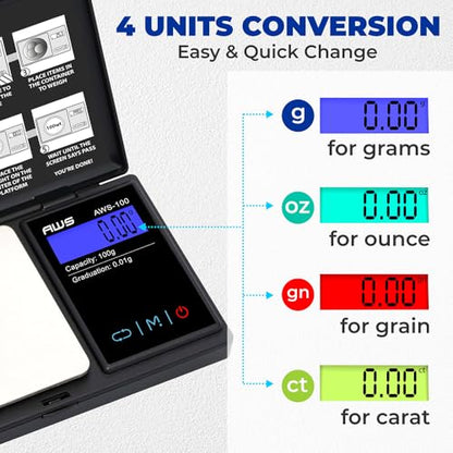 Series Digital Pocket Weight Scale, Stainless-Steel Backlit LCD 100g x 0.01g, (Black), AWS-100-Black - AMERICAN WEIGH SCALES - color: Black, size: 100g x 0.01g