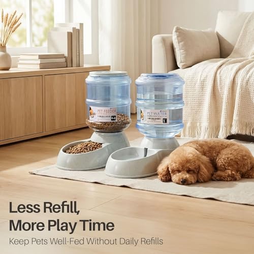 Flexzion Automatic Pet Feeder & Waterer Set of 2 Pack, Self Feeding Replenish Dog Cat Bowls, Gravity Food & Water Storage Container Fountain Jug Pet Supplies Plastic Skid Proof Rubber Feet (1 Gallon) | Self-Replenishing Dry Food Station with Non-Skid Feet
