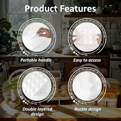 Ortable Large Capacity Double-layers Egg Storage Container Holds 24 Eggs Shatter-proof Non-slip Eggs Holder with Handle (White) - color: White