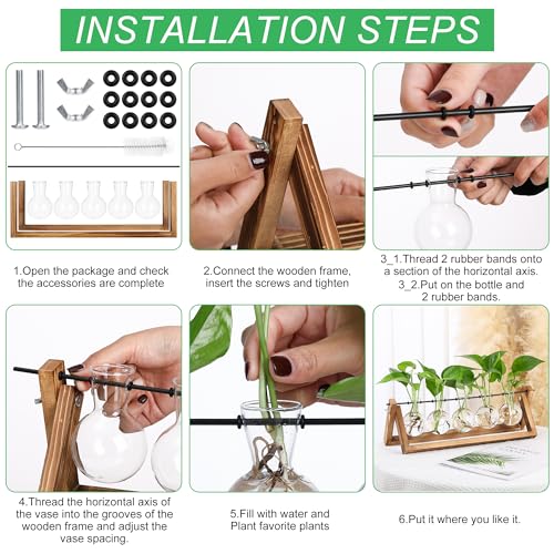 YIBOT Plant Propagation Stations with Wooden Stand & 5 Glass Bulb Vases | Tabletop Plant Terrarium for Propagating Hydroponic, Retro Glass Planter Flower Vase Home Kitchen Office Decor Gifts - size: 5Bulb-A