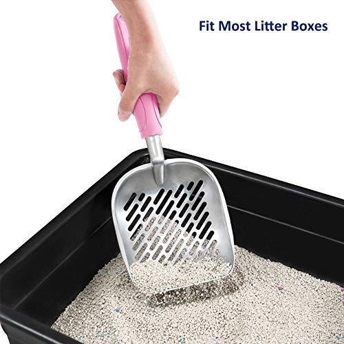 Cat Litter Scoop, Aluminum Alloy Sifter, Kitty Metal Scooper, Deep Shovel with Diagonal Sifting Hole, Long Handle, Kitten Poop Lifter for Litter Box, Large Size, Pink Handle - color: #10 Pink, size: Large