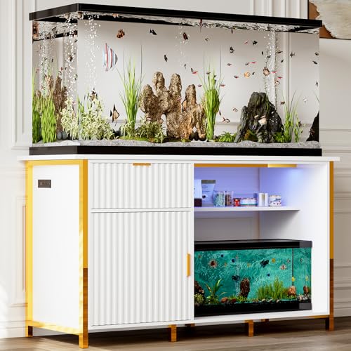55-75 Gallon Fish Tank Stand, Aquarium Stand with LED Light, White & Gold | 49 x 20 In Top, Modern Fluted Design, 2 Outlets, 2 USB Ports, Shelf Storage, Metal Frame Support, 1100 LBS, Turtle Tank Stand - color: White and Gold